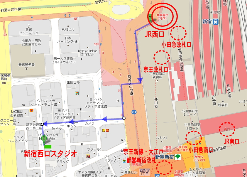 新宿西口スタジオへの地図